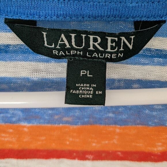 Lauren Ralph Lauren Women Top Striped 100% Linen Turn Back Cuffs Large Petite - Picture 7 of 7
